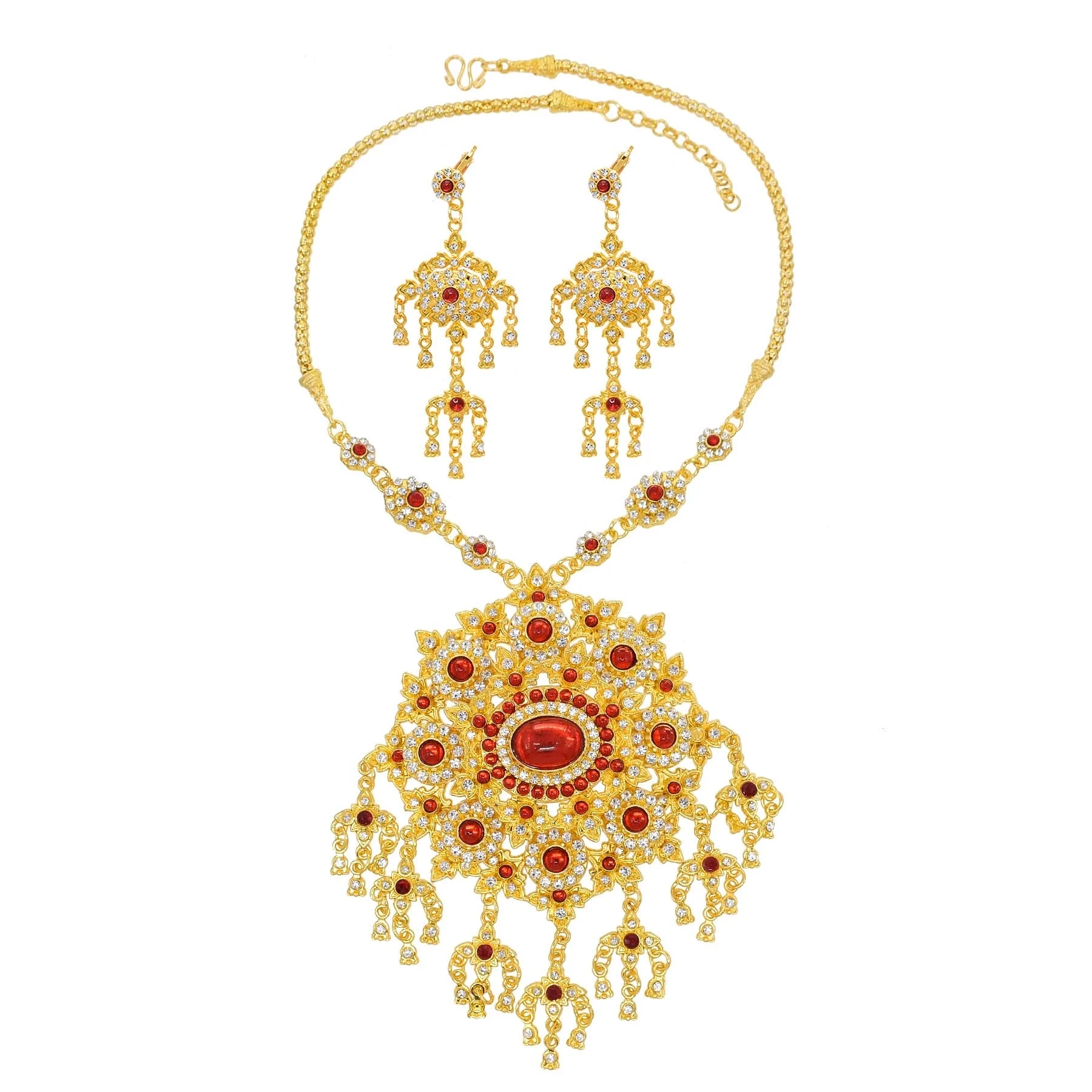 

BohoJewelry Store Gold Thai Ethnic Style Red Rhinestone Crystal Flower Necklace Earrings Women's Set