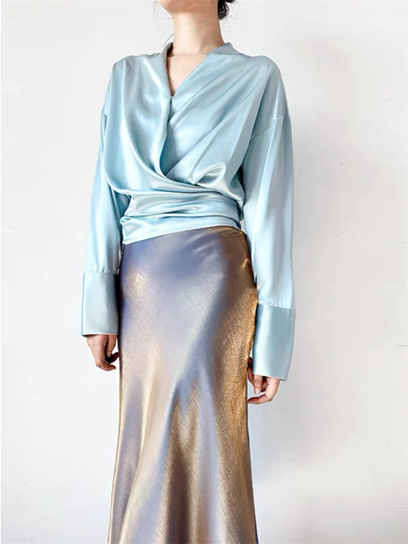 Cetim manga longa blusa elegante cruz torção novo design camisa feminina outono 2026 feminino elegante senhoras topos blusas de alta qualidade