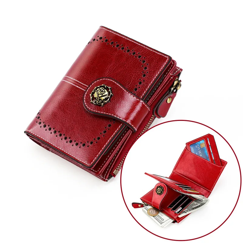 2024 New Anti theft Brush RFID Women's Wallet Retro Oil Wax Leather Zero Wallet