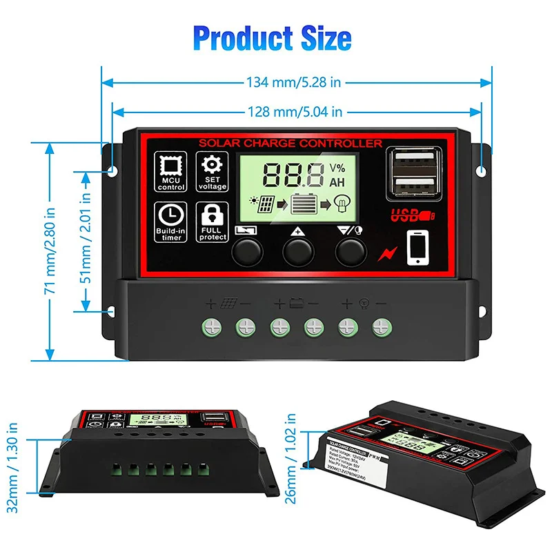 60A 30A 20A 10A Solar Panel Controller 12V/24V Battery Charge Regulator 2 USB 10A~100A Photovoltaic Cell Panel Charger Regulator