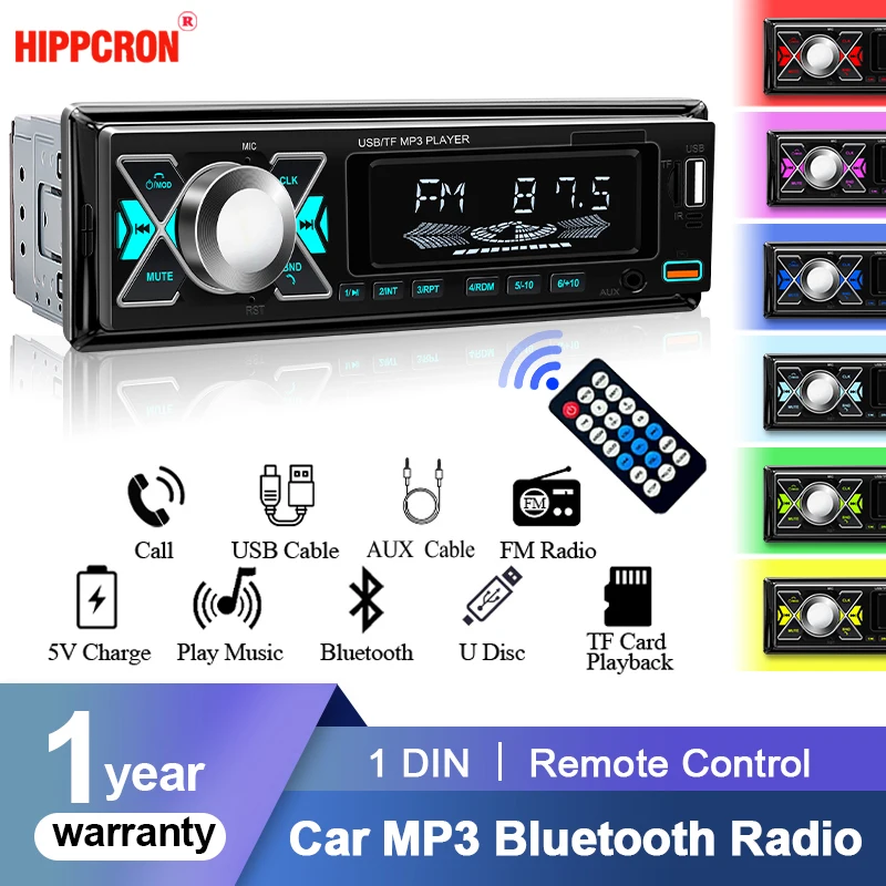 Car Audio 1 din Radio Stereo Receiver Digital Bluetooth MP3 Player Colorful With Dual USB AUX Inputs Auto Multimedia Automotive