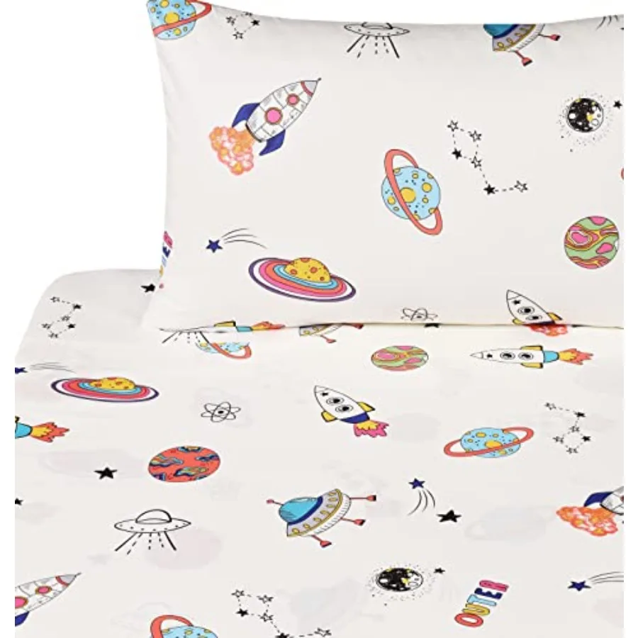 

Outer Planet Rocket Travel Adorable Twin 100% Cotton 3 Pieces Sheet Set for Girls Flat Sheet + Fitted Sheet + Pillowcase Beddin