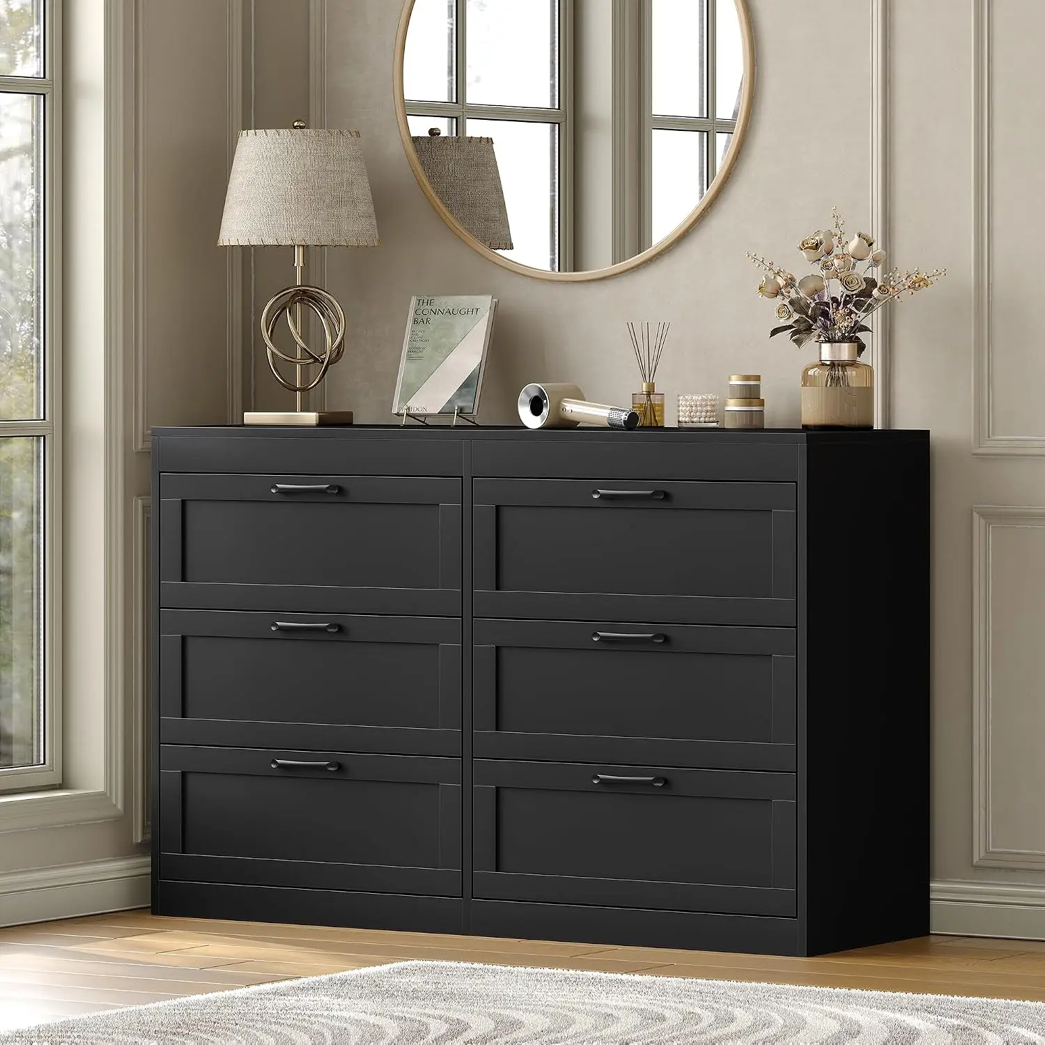 Black Dresser with 6 Deep Drawers, Modern Wood Chest for Closet & Living Room TV Stand, Wide Storage, Customized