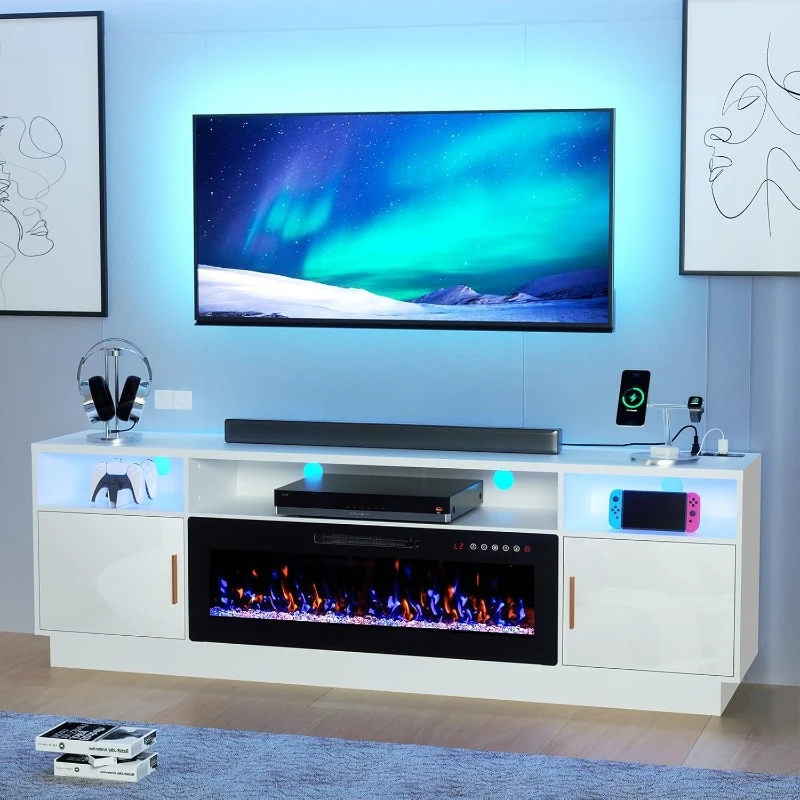 Electric Fireplace TV Stand-Led Entertainment  Room Tv Cabinet with Storage for TVs Up to 85