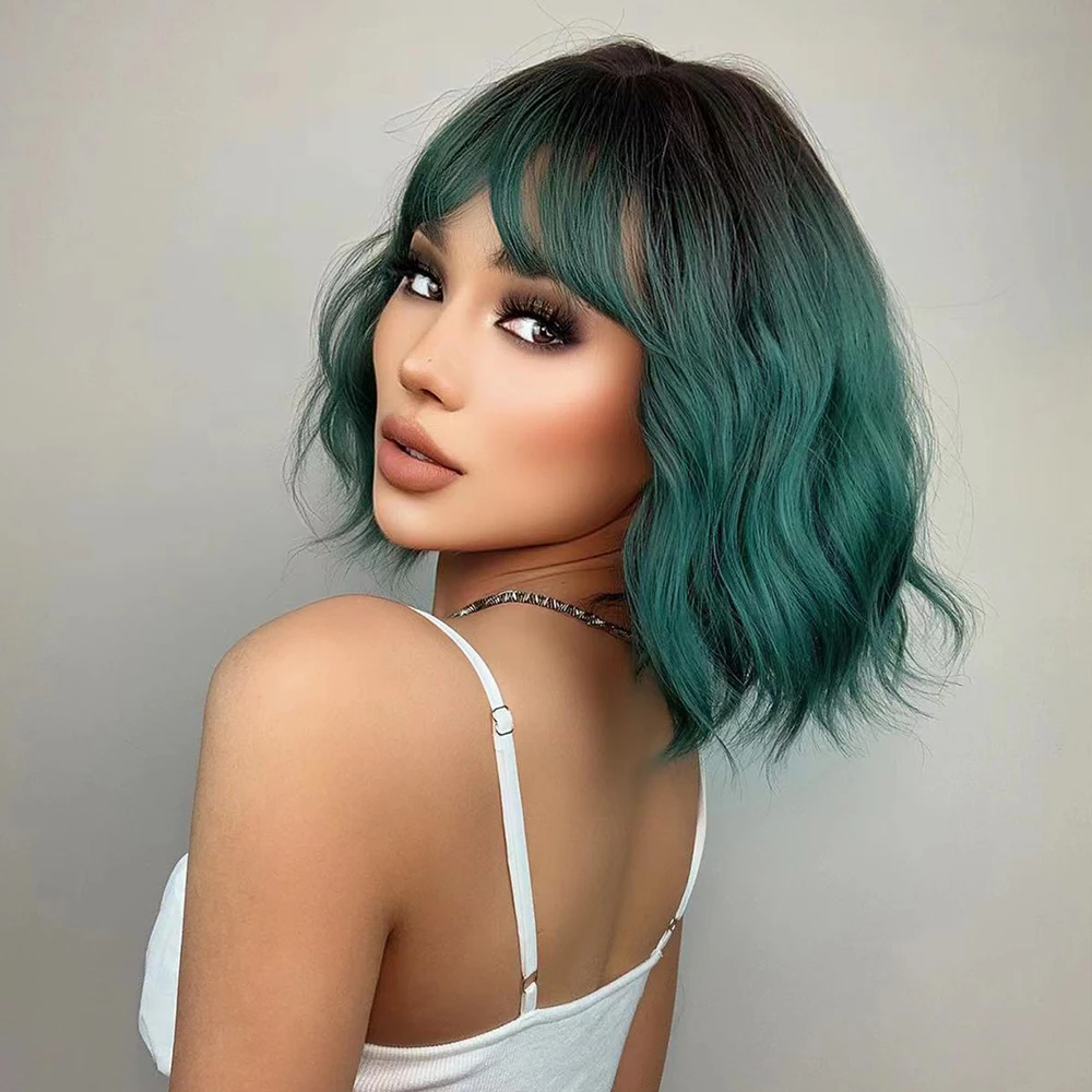 HENRY MARGU Short Bob Green Wigs with Bangs Natural Wavy Synthetic Wigs for Women Daily Cosplay Lolita Party Heat Resistant Wigs