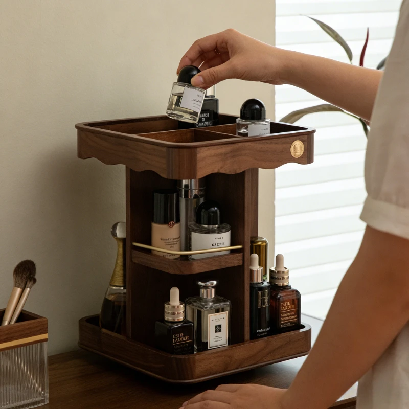 Solid Wood High-end Style Rotary Cosmetic Storage Box,large-capacity Desktop Cosmetic and Perfume Storage Shelf for Makeup Table