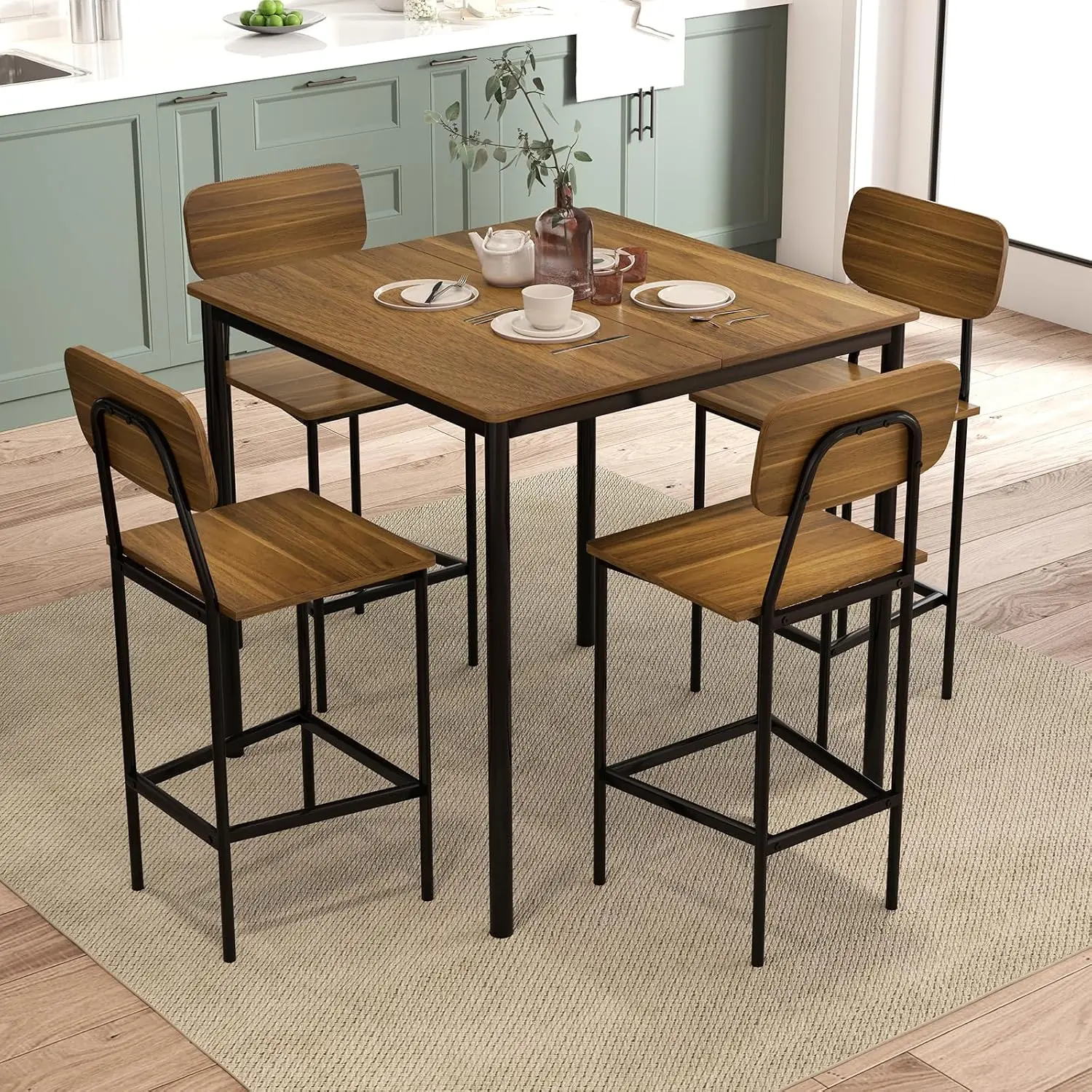 5-Piece Dining Table Set for Small Space, Kitchen Table and Chairs Set for 4 with Steel Frame, Square Breakfast Table Set, Industrial Counter Height Table Set for Home, Restaurant & Cafe, Teak