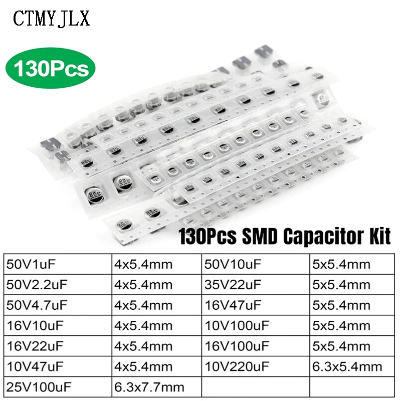 130PCS 1uF-220uF SMD Aluminum Electrolytic Capacitor Assorted Kit Set 13values*10pcs=130pcs Capacitance Samples Diy Kit