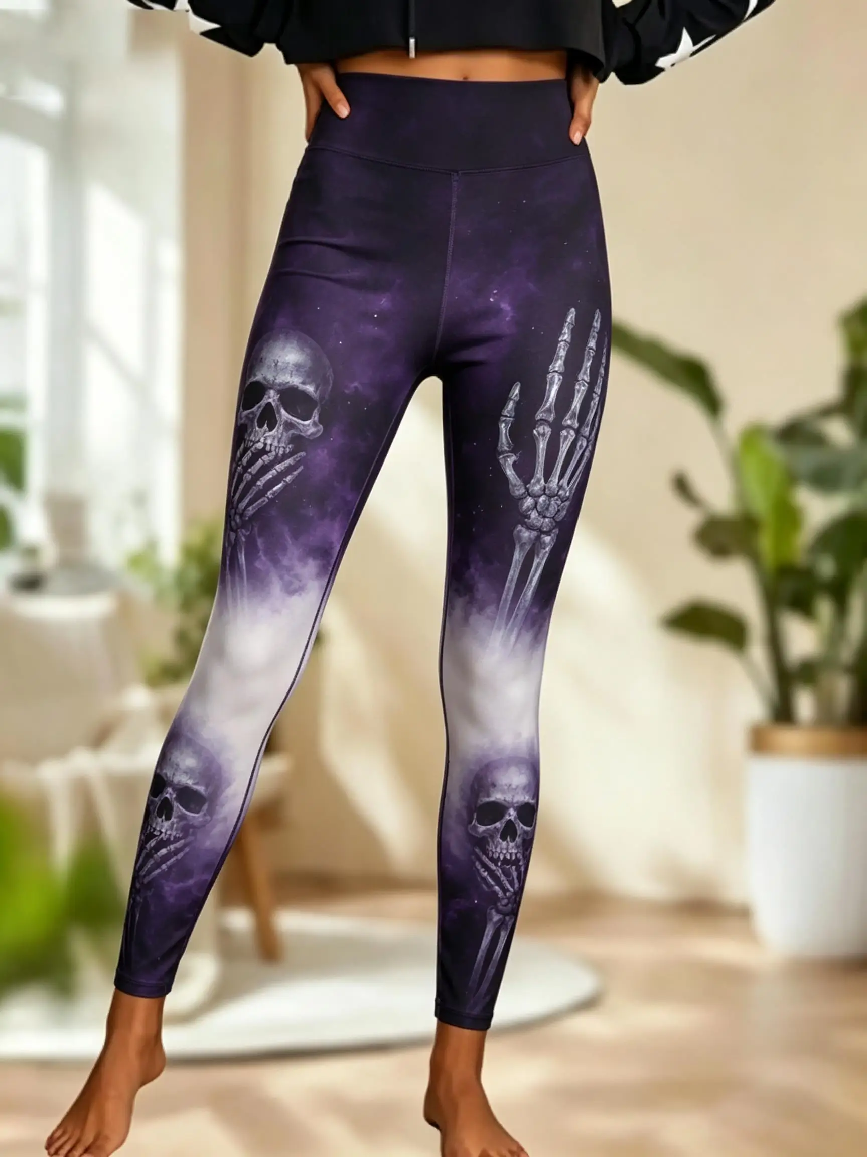 Women Halloween Fleece Mid‑Rise Leggings Skeleton Hand Skull Full Print Stretch Slim Pants