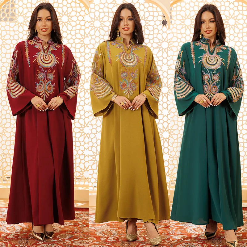 

Spring Women 2025 New Middle Eastern Muslins Wine Red Green Yellow Embroidery Long Dress , Woman Loose Flare Sleeve Dresses
