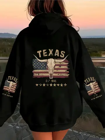 Men's Woman Graphic Hoodie Texas Longhorn Skull Flag Print Vintage American Oversized Fleece Sweatshirt Suitable for Streetwear