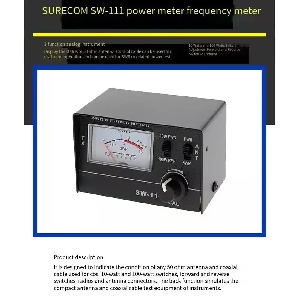 

SW111 Измеритель мощности VSWR 100 Вт для радиоантенн CB, кабельный тестер 50 Ом с переключателем вперед и назад и панелью аналогового измерителя