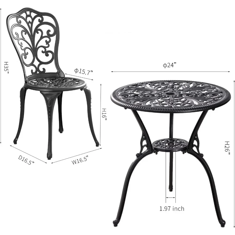 طقم فناء بيسترو مكون من 3 قطع للاستخدام الخارجي، طاولة بيسترو خارجية من الألومنيوم المصبوب ومجموعة كراسي مكونة من قطعتين مع فتحة مظلة مقاس 1.97 بوصة، صدر لجميع الأحوال الجوية