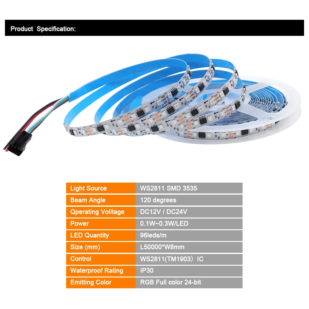 12V 24V Addressable LED Strip Light RGB Dream Color WS2811 SMD 3535 96LEDs/m 5m 480 LEDs 0.5m 1m 2m DC Flexible Led Pixel Lamp