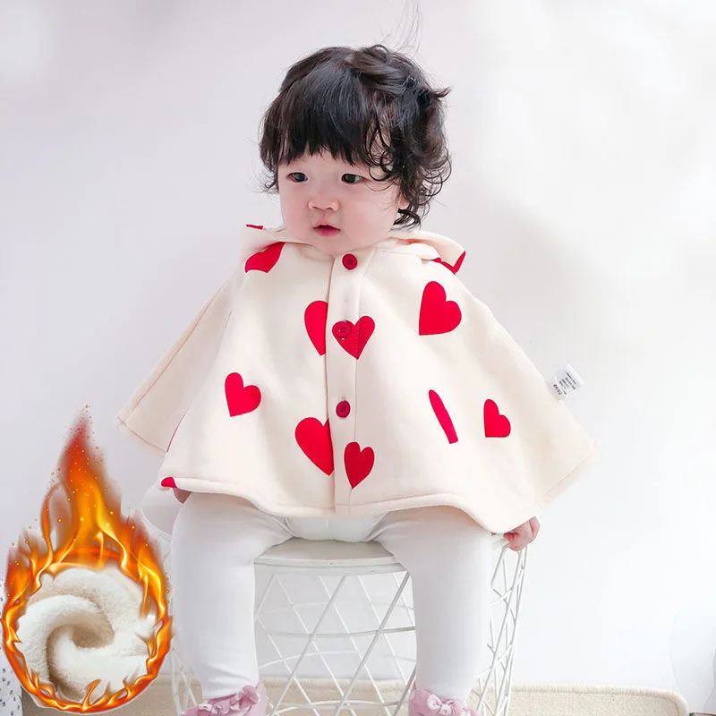 Baby Girls Autumn Winter Clothes Baby Warm Thickened Windproof Outwear Children Love Small Shawl Coat Cute Outing Cape