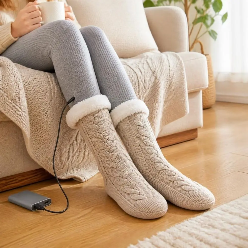 5V 2A Electric Heated Socks USB Powered Knitted Fabric Thermal Knitted Socks Anti-Slip Sole Foot Warming Socks Cold Weather