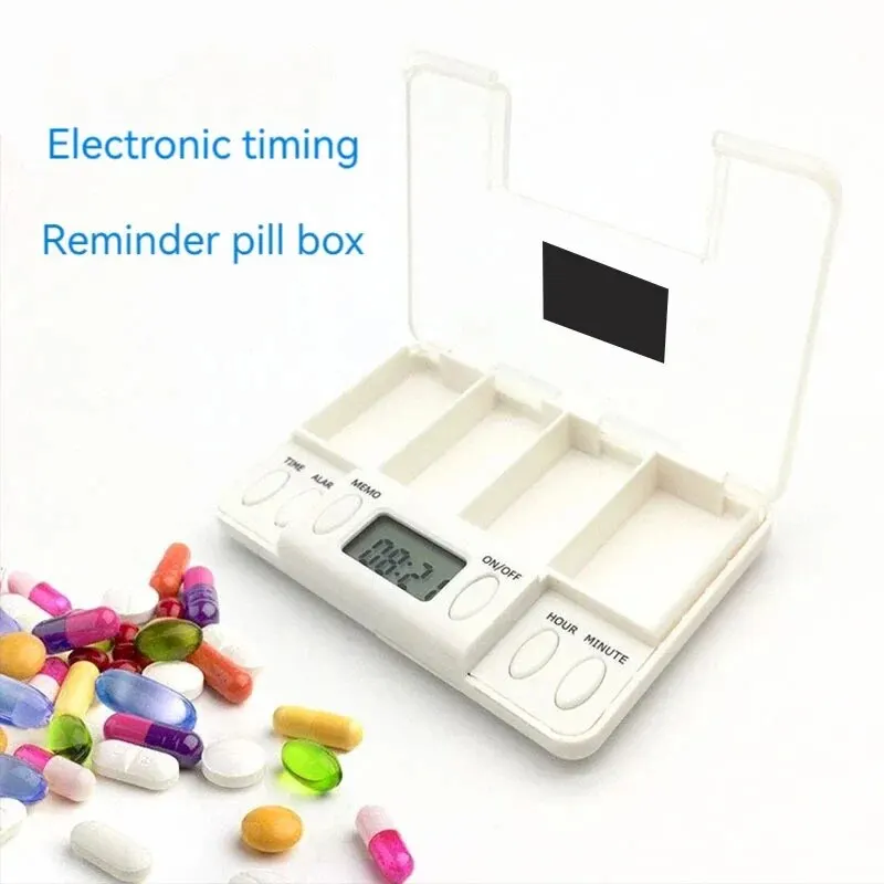 4-Compartment Pill Box Electronic Timing Reminder Portable Travel Pill Box Portable Sealed Pill Organizer Medicine Container