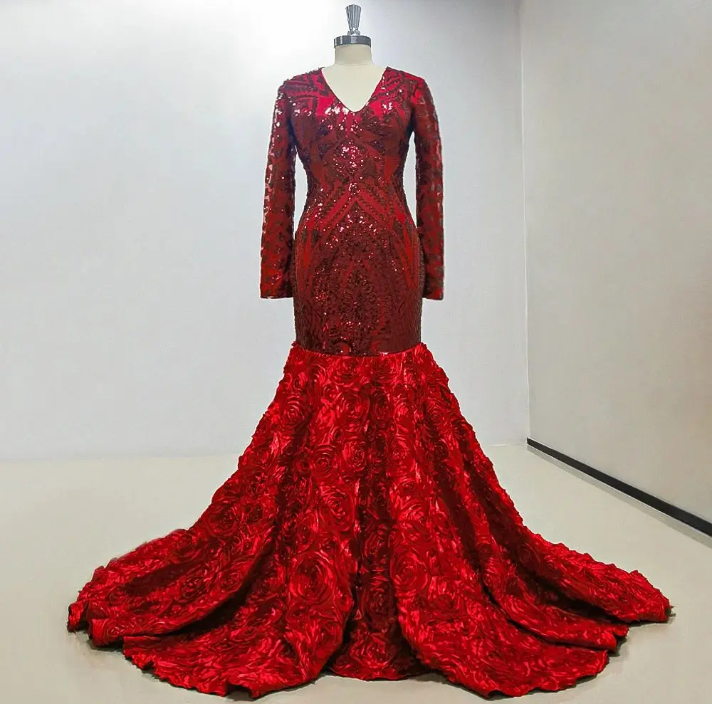 Robe de Soirée de Forme Sirène Élégante, Rouge Imprimé, Col en V, Manches sulf, Longueur au Sol, Bal de Promo