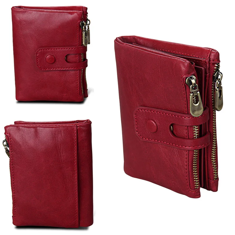 Trifold Wallets for Women Men Genuine Leather Short Wallet Double Zipper Coin Purse Large Capacity Rfid Card Holder Red Wallet