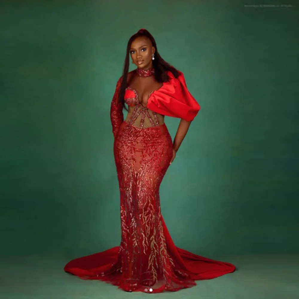 Sexy Prom Gowns Luxury One Shoulder Sequin Mermaid with Sleeve Long Evening Dresses For Wedding Transparent Party Dress Applique