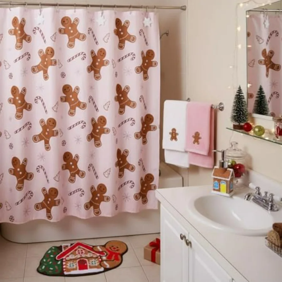 

17 Pcs Christmas Gingerbread Man Bathroom Accessories Set with Shower Curtain 12 Hooks Bath Mat Rug Non Slip Soap and Lotion Di