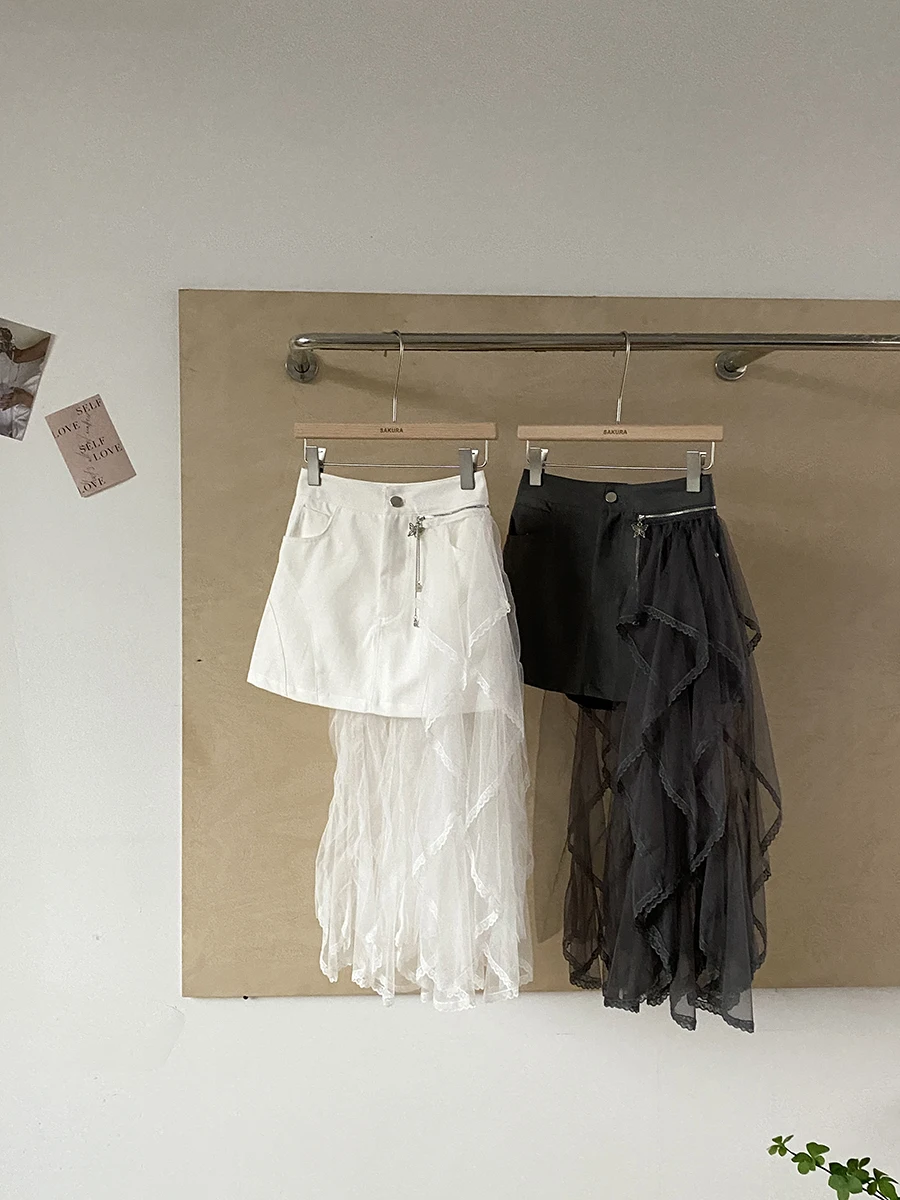 

Summer 2025 Korean Sle High Waist A-Line Skirt Me Splicing Asymmetrical Skirt Women's Commute Pure Color Polyester