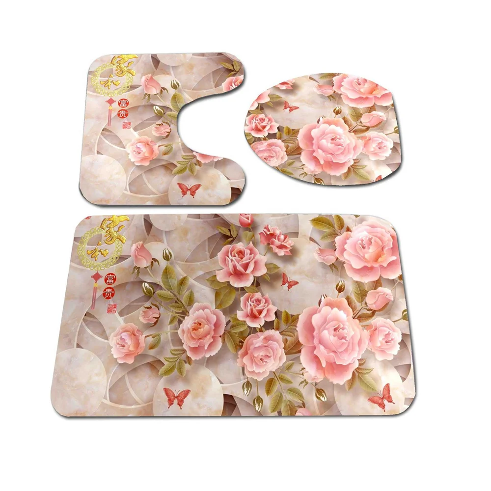 

Bathroom Vintage style Floral Print set Bathroom non-slip Carpet Foot Mat Toilet Mat Bathroom Decor Super Soft Absorb water