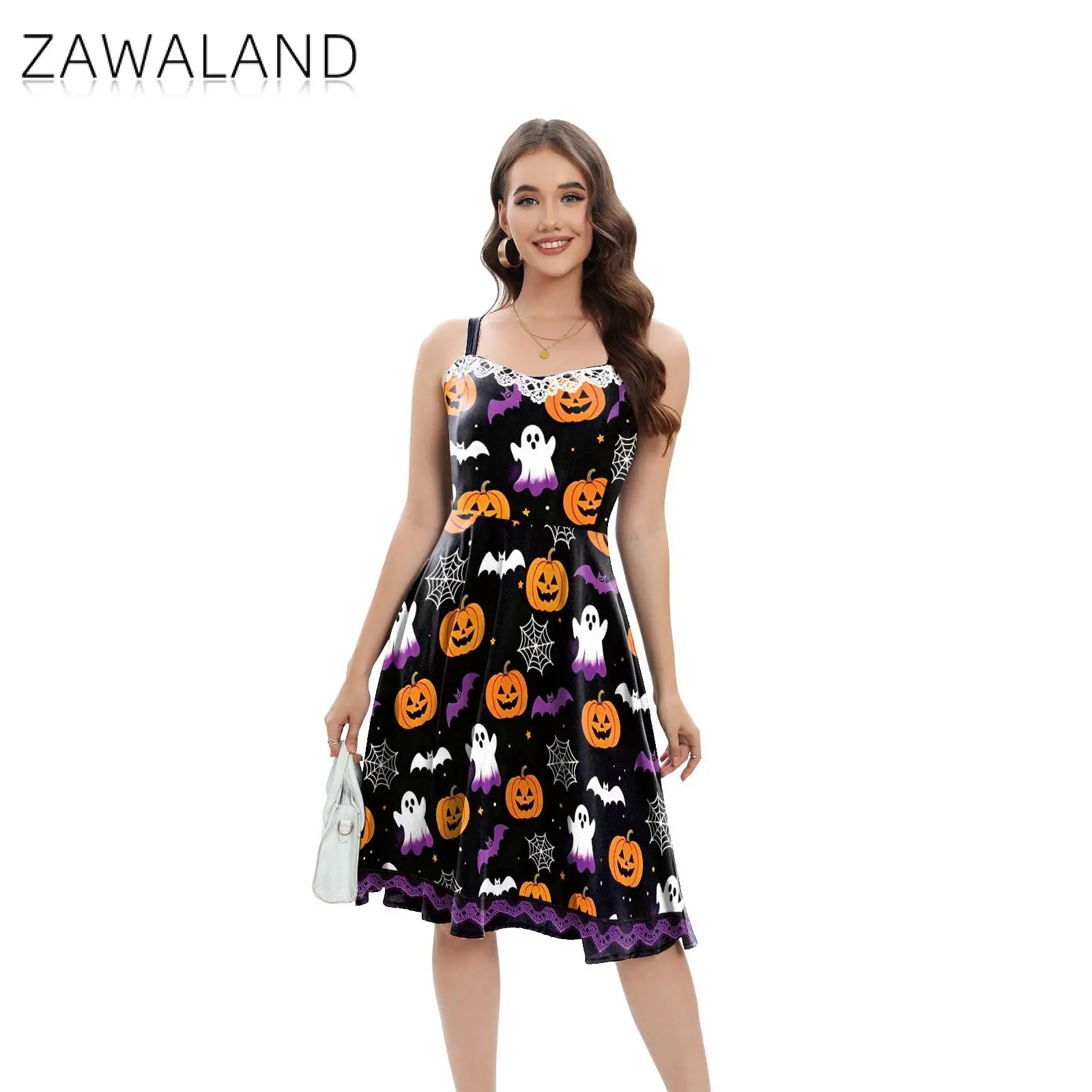 Zawaland Halloween Dress for Women Spooky Ghost Pumpkin Bat Print Sleeveless A-Line Dress Party Halloween Night Fancy Dress - view 2