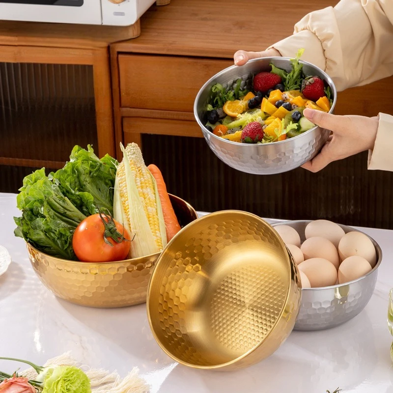 Stainless Steel Hammer Point Fruit Bowl Gold/Silver Tableware Kitchen Flour Egg Baking Mixing Basin Salad Bowls Food Container