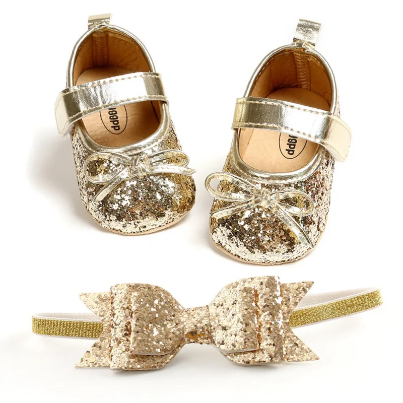 

Baby Girl First Walkers Sets Sequins Baby Shoes Leather Toddler Headband Bow-knot Soft Sole Hook & Loop Bling Crib Shoes