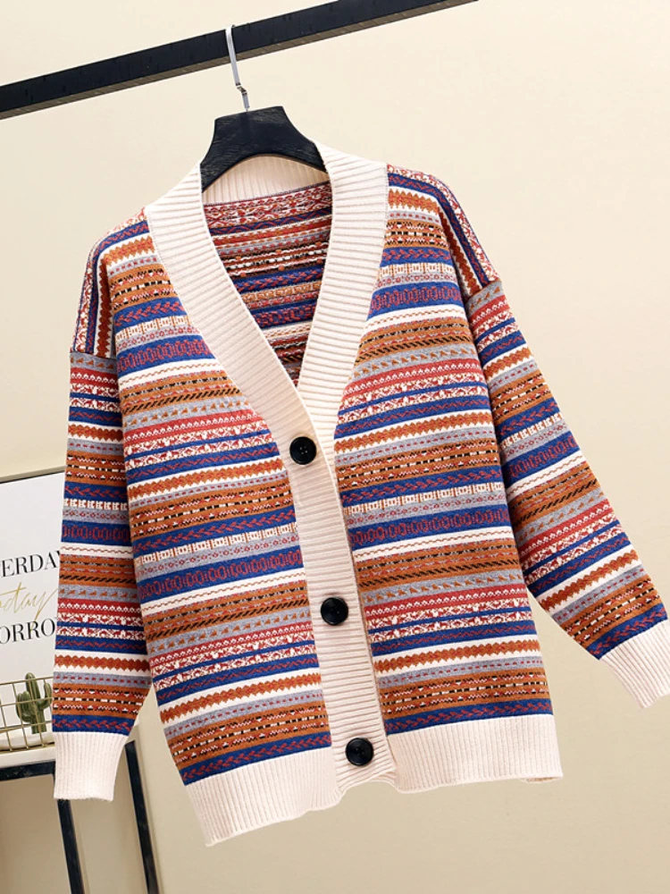 2024 Autumn Women New knitted Sweater Korean Version of The Loose Striped Sweater Cardigan Long-sleeved V-neck Versatile Jacket