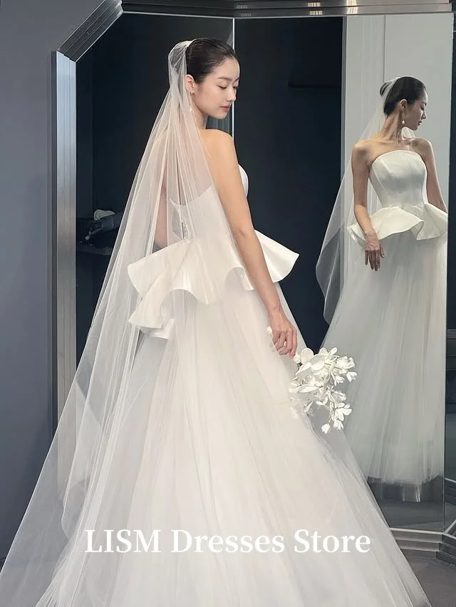

LISM Strapless A-Line Simple Korea Wedding Dresses Photo Shoot Silk Satin Tulle Bridal Gowns Customize 웨딩드레스 Zipper