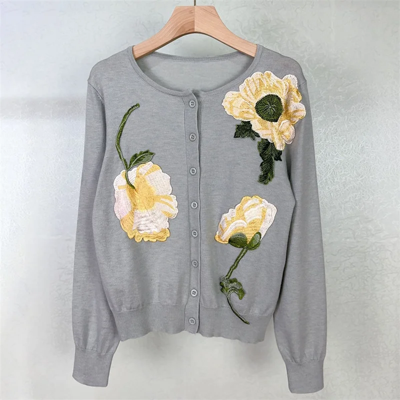 Cardigan for women 2024 Autumn New Flower Embroidered Long Sleeve Top Wool blend knitwear Elastic knit slim fit women\'s sweater