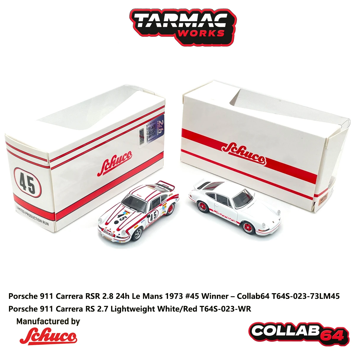 Tarmac Works 1:64 Porsche 911 Carrera RS 2.7 White Red / Carrera RSR 2.8 #45 1973 Le Mans Winner Diecast Model Car In Stock