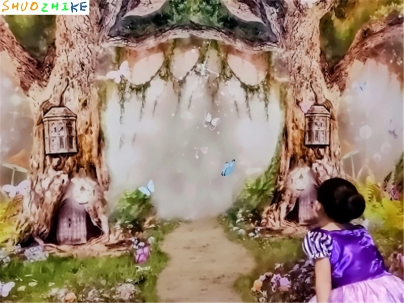 Verträumter märchenhafter Garten-Hintergrund, Frühlingswald, Wald, Baumloch, Babyparty, Geburtstagsfeier, Porträtfotografie-Hintergrund