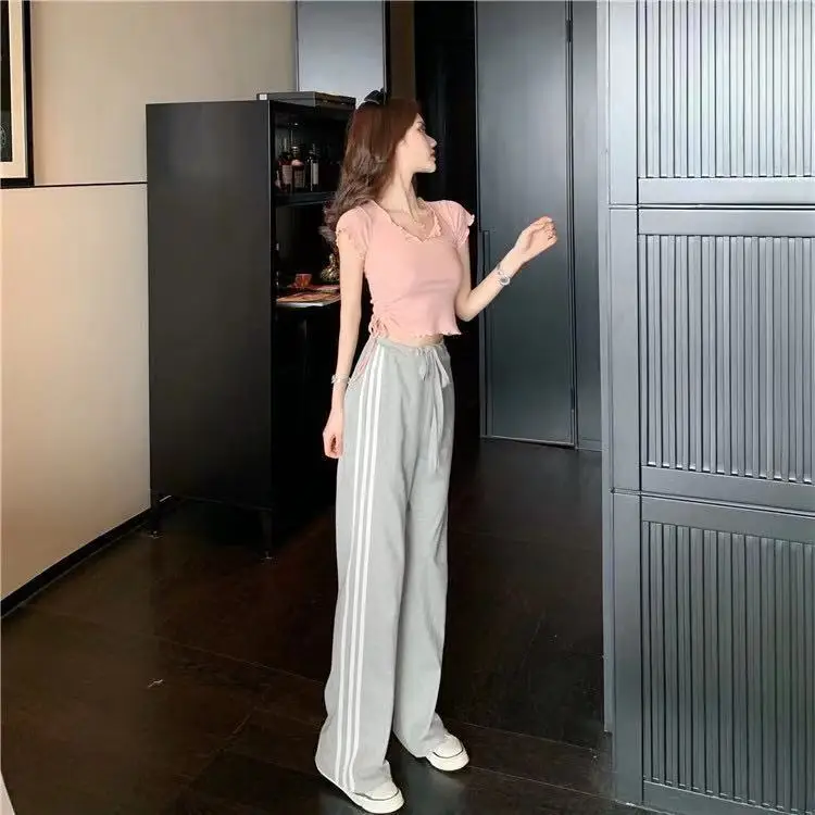 Summer Casual Set Women's 2023 New V-neck Short Sleeve T-shirt Grey Side Stripe Wide Leg Sweatpants Two Piece Set