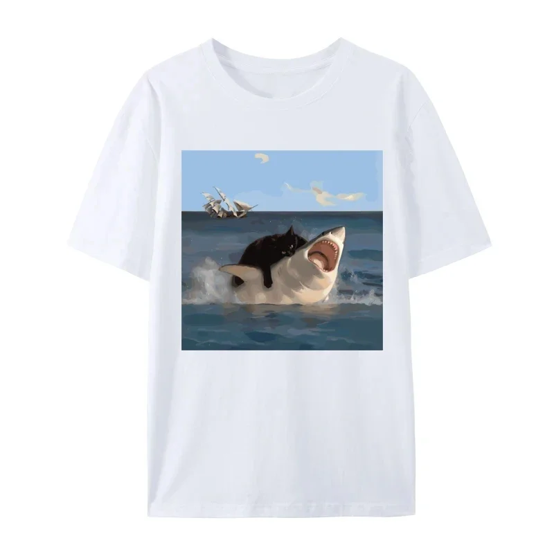 Funny Cat Biting Shark Print T-shirts Men Women Summer Casual Fashion Loose Tops Streetwear Crew Neck Short Sleeve T-shirts