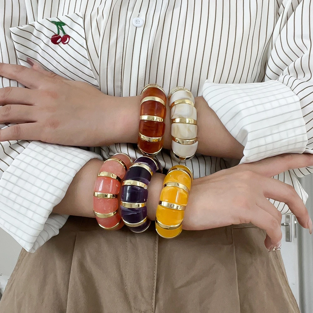 Colorful Acrylic Beads Chunky Bangles for Women Gold Plated Stackable Stretch Bracelets Fashion Party Wedding Jewelry Gifts