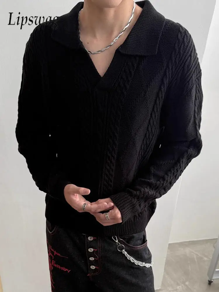 

Spring Fall Vintage Mens Sweater Polo Shirts Fashionable Jacquard Textured Polo Sweaters Men Casual Turn-down Collar Knit Jumper