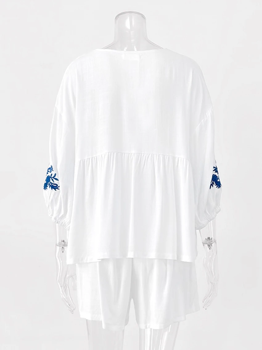 Parc Fee Fashion Loose Print Women's Two Pieces Set 2025 Casual Three-Quarters Sleeve Shirt With High Waist Shorts Set Female