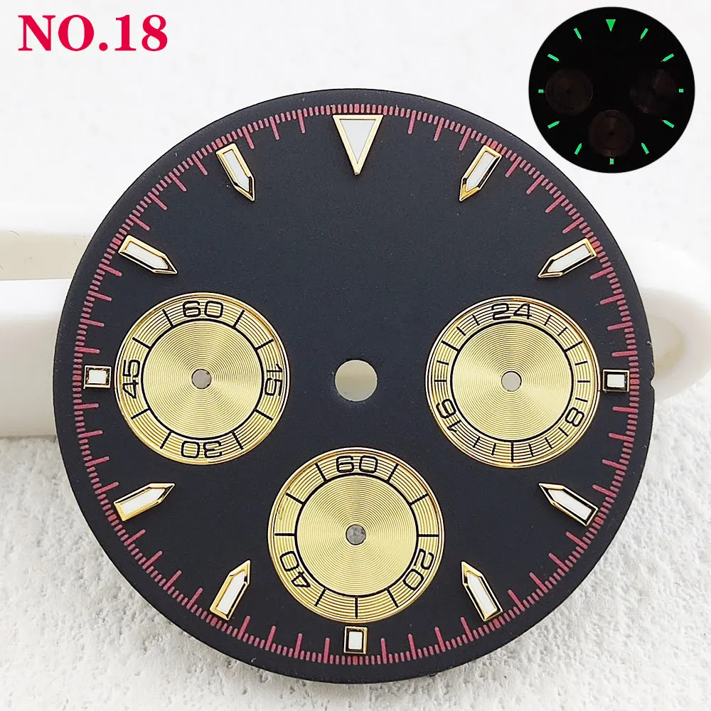 watch dial VK63 movement 29mm No logo 6-hand watch parts C3 green luminous chronograph dial customizable logo
