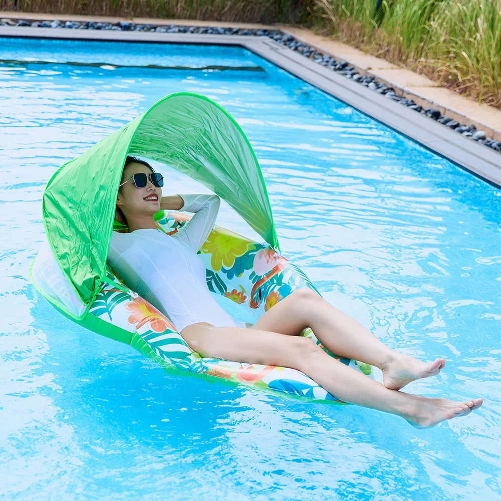 1 szt. dmuchany leżak w kształcie łezki z odpinanym daszkiem przeciwsłonecznym - leżak siatkowy w kształcie liścia dla dorosłych, letnie łóżko pływające na plażę