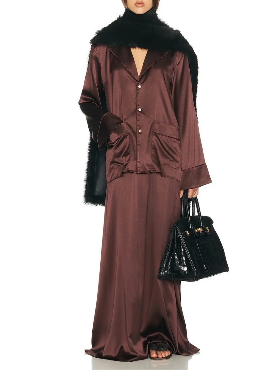 

2026 Women's Fashion Shirt & Skirt Set — Satin, Loose-Fit, Casual Loungewear — 2-Piece Set Y2K Style — New & High Quality bra