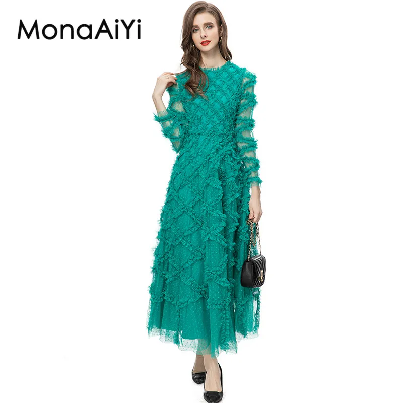 MonaAiYi Fashion Designer Dress Women's Round Collar Long Sleeves Dot Print Mesh Fabric Cross Fungus Selvedge Turquoise Dresses