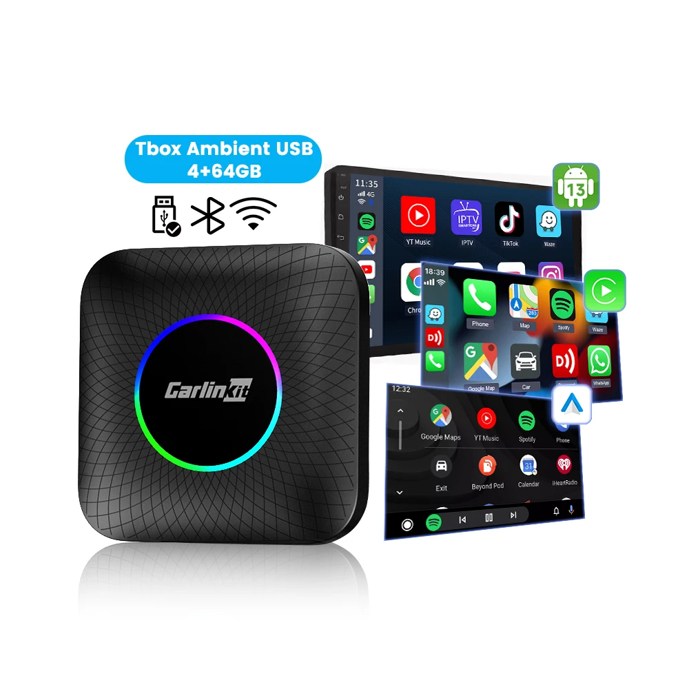 Tbox Ambient Usb Carplay Ai Box Android 13 Streaming Box 4G+64GB Wireless Carplay Adapter For Youtube Netflix