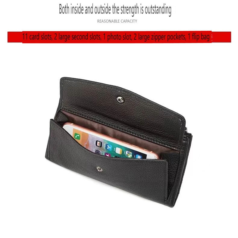 Dompet Wanita Dompet Ritsleting Ganda Panjang Kulit Sapi Tas Tempat Kartu Kredit Kapasitas Besar Warna Polos Sederhana dengan Saku Koin