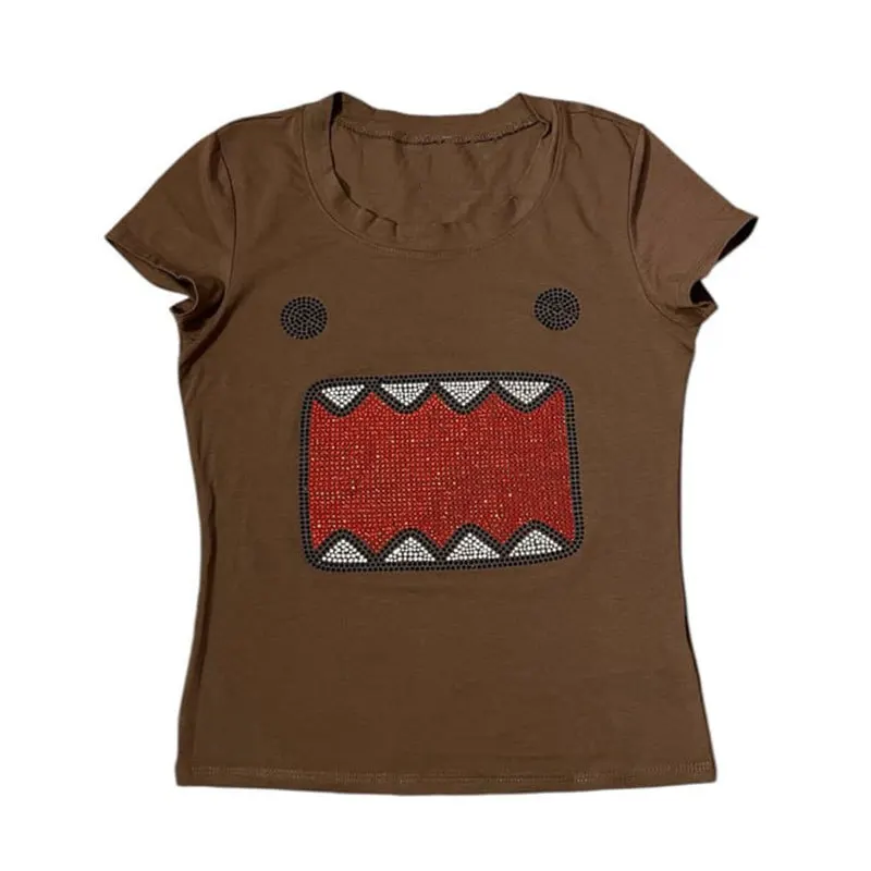 Y2k chica verano retro planchado cuello redondo Camiseta de manga corta sin mangas chaleco con tirantes chaleco divertido vintage Tama Jun planchado top