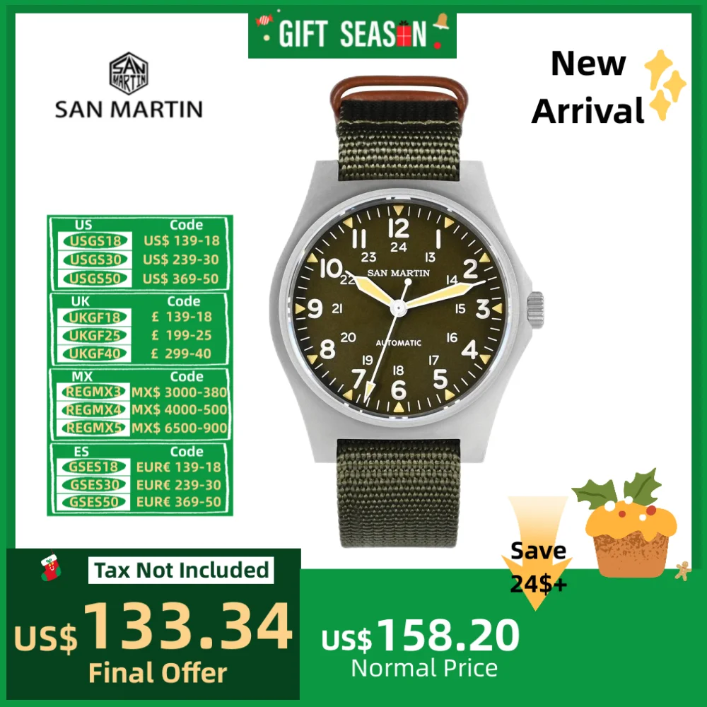 San Martin 38mm NH35 Field Automatic Watches For Men Wrist Watch Clock Mechanical Simple Pilot Waterproof 10ATM Montre SN0137