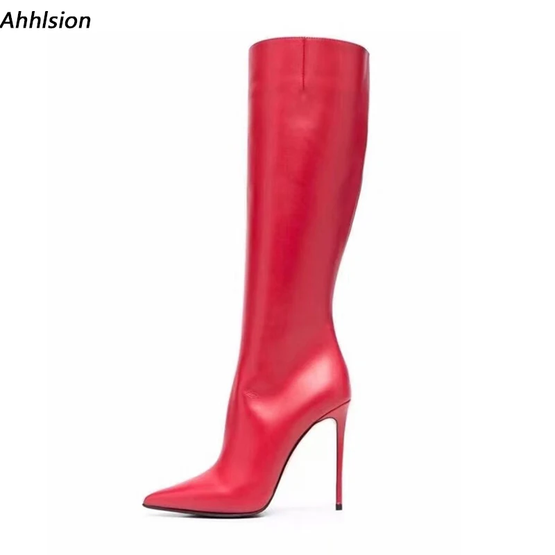 

Ahhlsion Handmade Women Winter Knee Boots Faux Leather Stiletto Heels Pointed Toe Pretty Red Club Shoes Ladies US Size 5-15