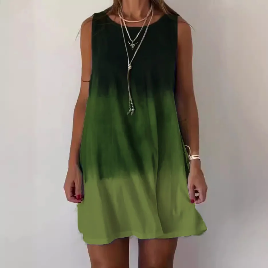 Casualowa okrągła bluzka bez rękawów z nadrukiem dla kobiet, modna luźna dzianinowa spódnica z bawełny o kroju litery A, na lato 2024.